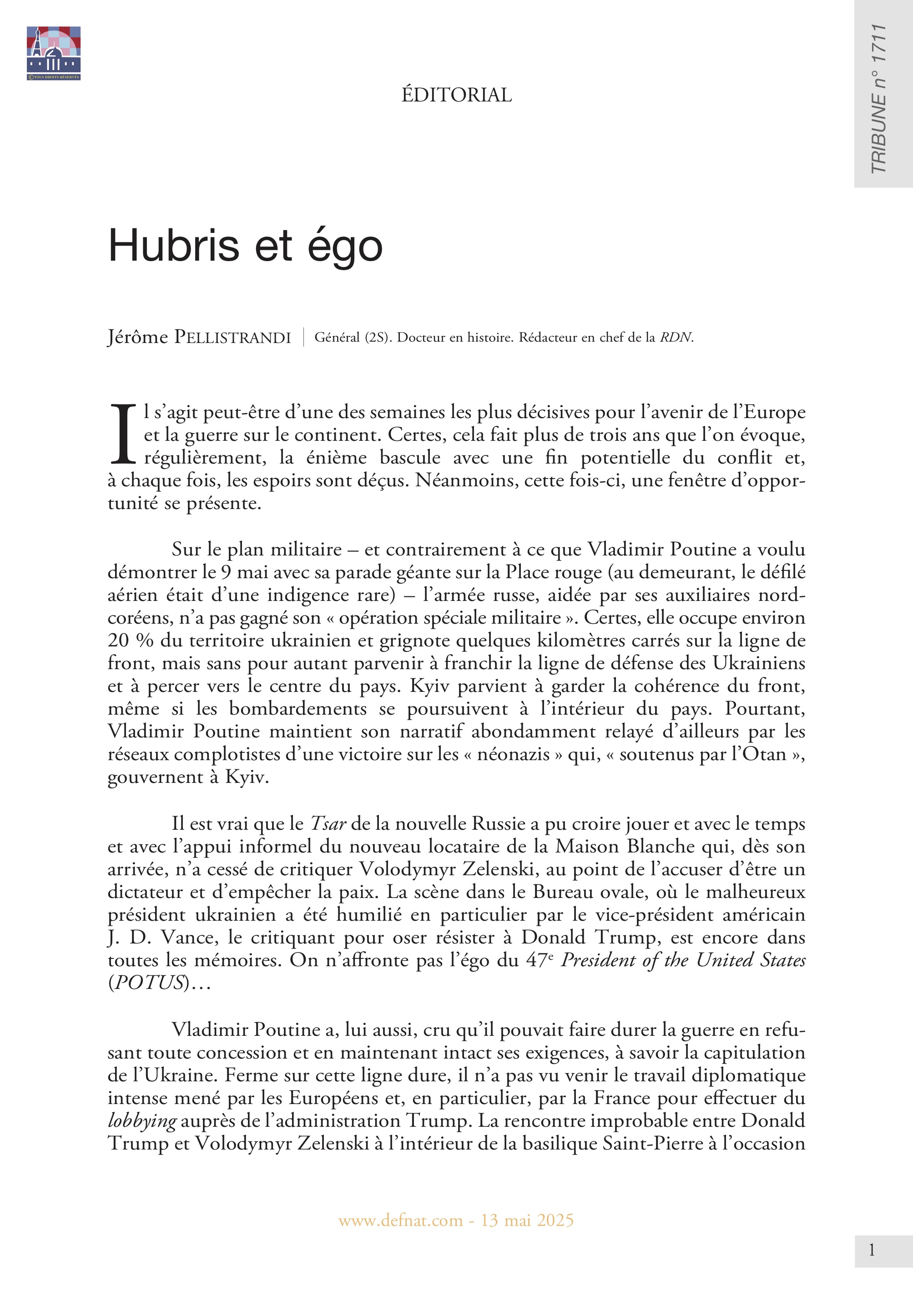 Éditorial – Hubris et égo (T 1711)
